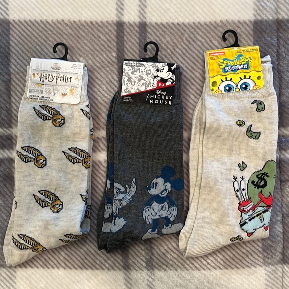 Mickey, Harry Potter snitch, and SpongeBob sock 3 pack! Authentic, brand new!